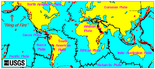 แผนที่โลกแสดงตำแหน่งภูเขาไฟ